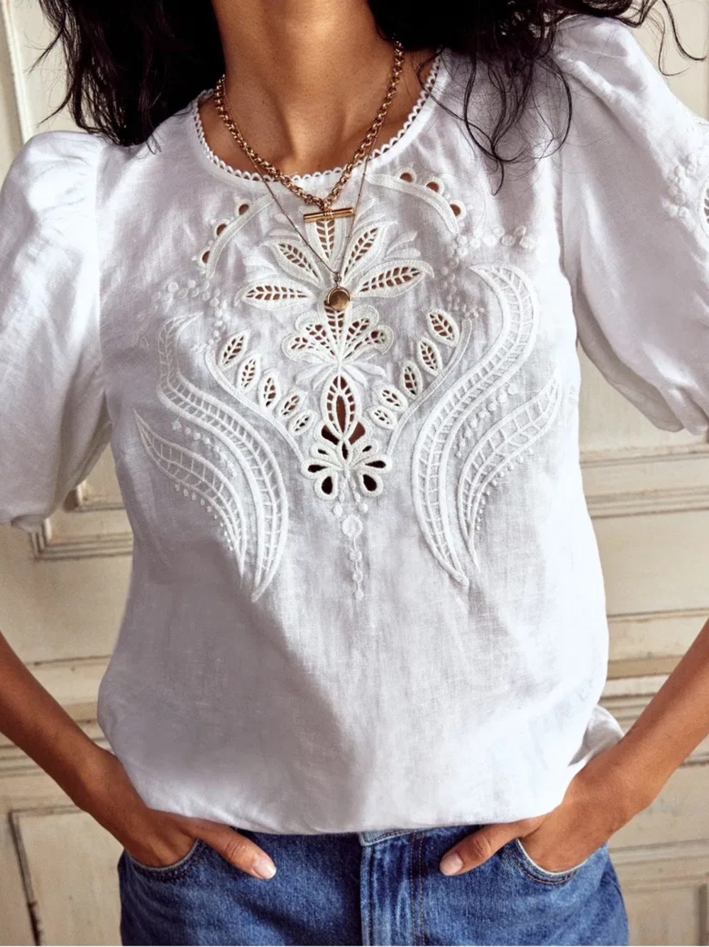 Boden Linen Cutwork Top Puff Sleeve Blouse Eyelet Embroidered cottage prairie